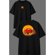 Vsrn Eski Kırmızı Araba Tasarım Ön Arka Baskılı Siyah Oversize T Shirt