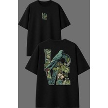 Vsrn Love Papağan Tasarım Ön Arka Baskılı Siyah Oversize T Shirt