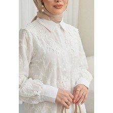 Moda Morfo Çiçek Nakışlı Fistolu Düğmeli Mira Gömlek -Beyaz