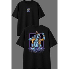 Vsrn 4 Kollu Dj Tasarım Ön Arka Baskılı Siyah Oversize T Shirt