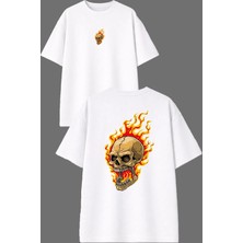 Vsrn Alevli Iskelet Tasarım Ön Arka Baskılı Beyaz Oversize T Shirt