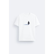 Shain But Why Penguen Penguin Baskılı Beyaz Bisiklet Yaka Tişört T-Shirt