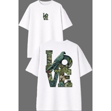 Vsrn Love Papağan Tasarım Ön Arka Baskılı Beyaz Oversize T Shirt
