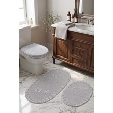Bonny Home Gri 3lü Fransız Dantelli Lüks Banyo Paspası Kaymaz Çeyizlik Oval Banyo Paspas Seti Lauris