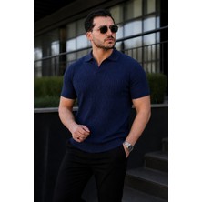 Comstar Erkek Günlük Çizgili Lacivert Triko Polo Yaka Tişört