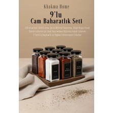 Khakma Ahşap Standlı 9'lu Cam Baharatlık Seti | 120 ml | Siyah Kapak & Siyah Etiket | Minimal Tasarım