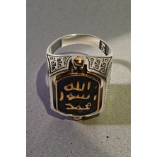 Lunel Silver 925 Ayar Gümüş Çift Taraflı Döner Mekanizmalı Erkek Yüzük - Mühr-Ü Şerif ve Siyah Oniks Taşlı Ağır Kasa 17.,80 Gr.