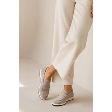 Sovenso Sunny Hakiki Deri Bej Süet Termo Taban Loafer