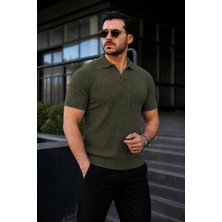 Comstar Erkek Günlük Çizgili Haki Triko Polo Yaka Tişört