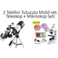 Elvinsa Mobil Telefon Tutuculu Teleskop Alana + Işıklı Aksesuarlı Mobil 1200X Mikroskop Seti ve 12 Li Örnek Seti Hediye(Uzay Gezegen Ay Yıldız Doğa Gözlem Teleskobu 150X)+ 2 Telefon Tutucu Dahildir