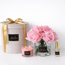 Vinnos Home & Concept Islak Dokulu 10 Adet Pembe Gül Aranjmanı - Mum ve Oda Kokulu Dekoratif Hediye Seti