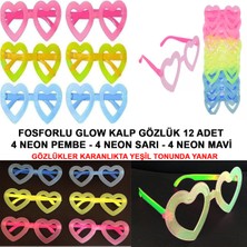 Fosforlu Kalp Model Glow Parti Gözlüğü Karanlıkta Yanan Gözlükler 12 Adet (4887)