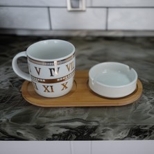 Vercetti Store Gold Detaylı Romen Rakamlı Porselen Kupa ve Ahşap Standlı Küllük Seti