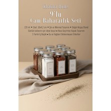 Khakma Ahşap Standlı 9'lu Cam Baharatlık Seti | 120 ml | Gümüş Kapak Beyaz Etiket | Minimal Tasarım