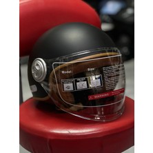 Safe Retro Açık Motosiklet Kaskı - Mat Siyah Kahverengi Deri Detaylı Şeffaf Vizörlü Scooter Kaskı