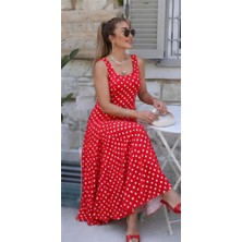 Qimya Butik Buketli Kadın Kare Yaka Iri Puantiyeli Etek Ucu Kloş Askılı Penye Uzun Elbise
