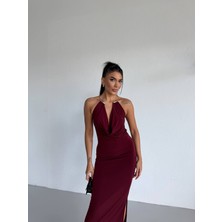 Aura Fashion Degaje Yaka Aksesuar Detaylı Midi Boy Elbise
