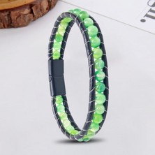 Sibelya Aksesuar %100 Doğal 6 mm Yeşil Neon Akik Taşlı Çelik Ipli Bileklik Mıknatıs Kapama 22 cm EBI_8006