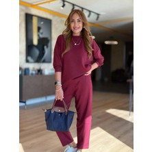 Dolunay Store Kadın Uzun Kollu Bisiklet Yaka Viskon Iki Iplik Bluz ve Pantolon Ikili Takım