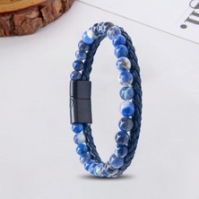 Sibelya Aksesuar %100 Deri Çoklu Saç Örme ve Doğal Lapis Taş Bileklik Mıknatıs Kapama 21 cm EBI_8002