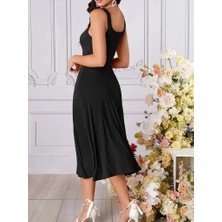 Dolunay Store Kadın Askılı Geometrik Yakalı Geniş Kesim Detaylı Ithal Krep Elbise