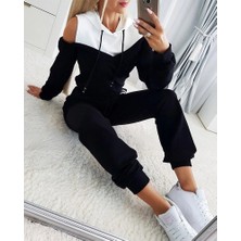 Dolunay Store Kadın Uzun Kollu Omuzlardan Açık Kapşonlu Bağcıklı Çift Renkli Viskon Iki Iplik Bluz ve Pantolon Ikili Takım
