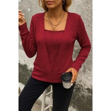 Dolunay Store Kadın Uzun Kollu Kruvaze Yaka Kol ve Etek Ucu Manşet Detay Yumoş Bluz