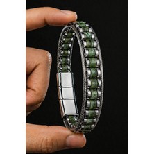 Doğal Yeşil Zoisit Yakut Taşlı Çelik Erkek Bileklik Çok Sıralı Modern Tasarım