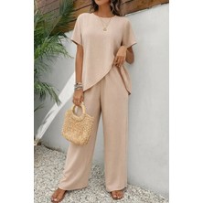 Dolunay Store Kadın Kısa Kollu Bisiklet Yaka Asimetrik Kesim Detaylı Bürümcük Bluz ve Pantolon Ikili Takım