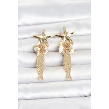 Mabelme Store Mey Ithalat® Deniz Yıldızı ve Balık Detaylı Krem Taşlı Gold Renk Kadın Küpe