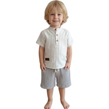 Enza Butik %100 Pamuk Çizgili Gömlekli Şortlu Takım - Nefes Alan Kumaş Rahat Kalıp Hakim Yaka Müslin Set 1/4 Yaş
