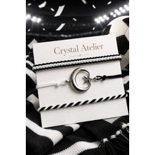 Crystal Atelier Siyah Beyaz Ay Yıldız Makrome Taraftar Bileklik Seti El Yapımı Ayarlanabilir