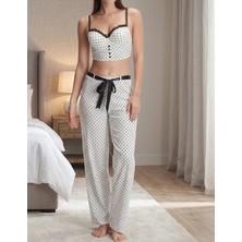 Biçomi Bicomi Kadın Pamuklu Puantiyeli Bralet Sütyenli Rahat Kalıp Dantel Detaylı Ev Giyim ve Pijama Takımı