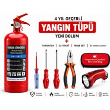Toptancı Amca 1 kg Yangın Söndürücü Seti 4 Yıl Geçerli | Ilk Yardım Çantalı Acil Durum Trafik Güvenlik Seti Pense Tornavida Şarjlı Fener