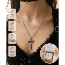 Herşey Nota Mor Gotik Haç Kolye – Unisex Vintage Stil Zincir Kolye 60 cm