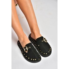 Fox Shoes Y918143802 Siyah Süet Önü Kapalı Zımba Detaylı Sabo Terlik
