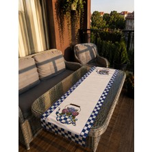 Karam Home Mavi Damalı Çiçekli Dekoratif Runner