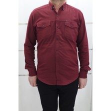 Becces Fistan Store Erkek Bordo Düz Spor Kesim Dar Kalıp Çift Cepli Uzun Kollu Yazlık Keten Gömlek
