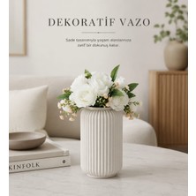 Luvena Dekoratif Vazo Beyaz Çizgili Seramik Vazo Minimalist Iskandinav Tasarım Çiçeklik Salon Masa Üstü Ev Dekoru - 17CM