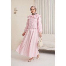Moda Morfo Geniş Yakalı Bağlamalı Kolu Lastikli Eteği Astarlı Poplin Takım  -Pembe