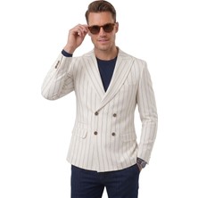 Rizzup Erkek Beyaz Çizgili Kruvaze Blazer Ceket – Slim Fit Modern Kesim Şık Yazlık Ceket 2600814