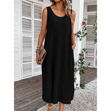Gökyüzü Moda Kadın Askılı Yuvarlak Yakalı Cepli Uzun Bürümcük Elbise