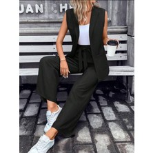 Alyn Wear Kadın Kolsuz Önü Açık Yakalı Cepli Janjan Krep Yelek ve Pantolon Ikili Takım