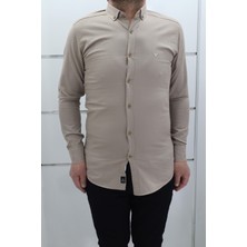 Becces Fistan Store Erkek Kahverengi Düz Spor Kesim Dar Kalıp Cepsiz Uzun Kollu Yazlık Keten Gömlek