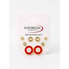 twingold Kırmızı Yuvarlak Gold Renk 4'lü Küpe Seti