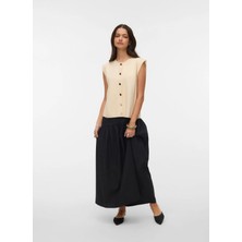 Vero Moda Krem Kadın Düz Standart Triko Kazak Vmgold Sl O-Neck Button Vest Boo