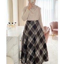 Moda Morfo Ekose Desenli Yanı Fermuarlı  Kaşe Çan Etek    -Kahve