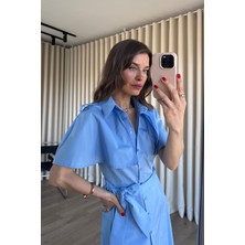 Sue Store Bebe Mavisi Pelerinli Kemerli Gömlek Elbise