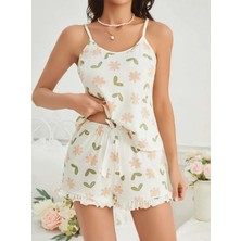 Kadın Ekru Çiçek Baskılı Şortlu Gecelik Pijama Takımı 5047