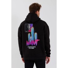 Baskılı Üç Iplik Kapüşonlu Oversize Sweatshirt - Siyah
